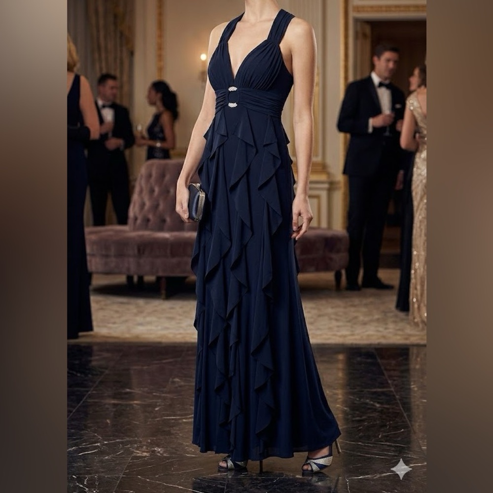 Betsy & Adam Navy Blue Halter Maxi Prom Gala Dress Sz 4 | Ruffle Empire Waist
